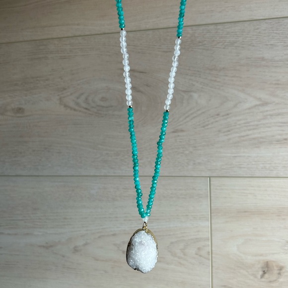 Blue Chalcedony, Milky Quartz, and Druzy Quartz Pendant Necklace, 30” - Picture 1 of 6
